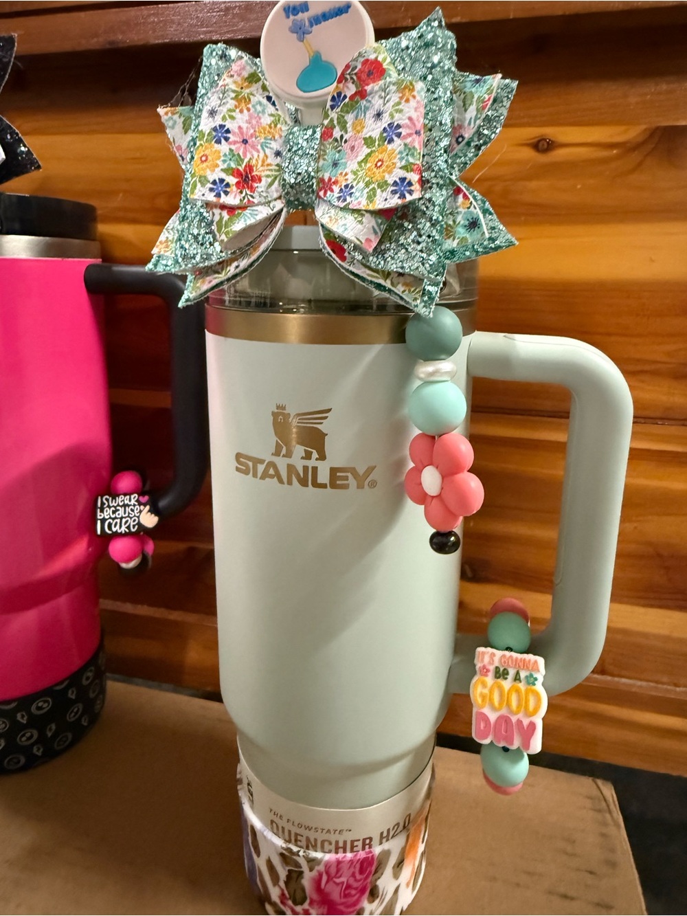 Stanley Mint Green and Gold 30oz Tumbler with Floral Bow and Bead Charms